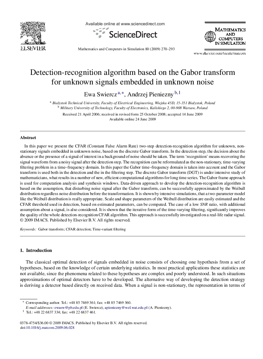 Detection-recognition algorithm based on the Gabor transform for unknown signals embedded in unknown noise