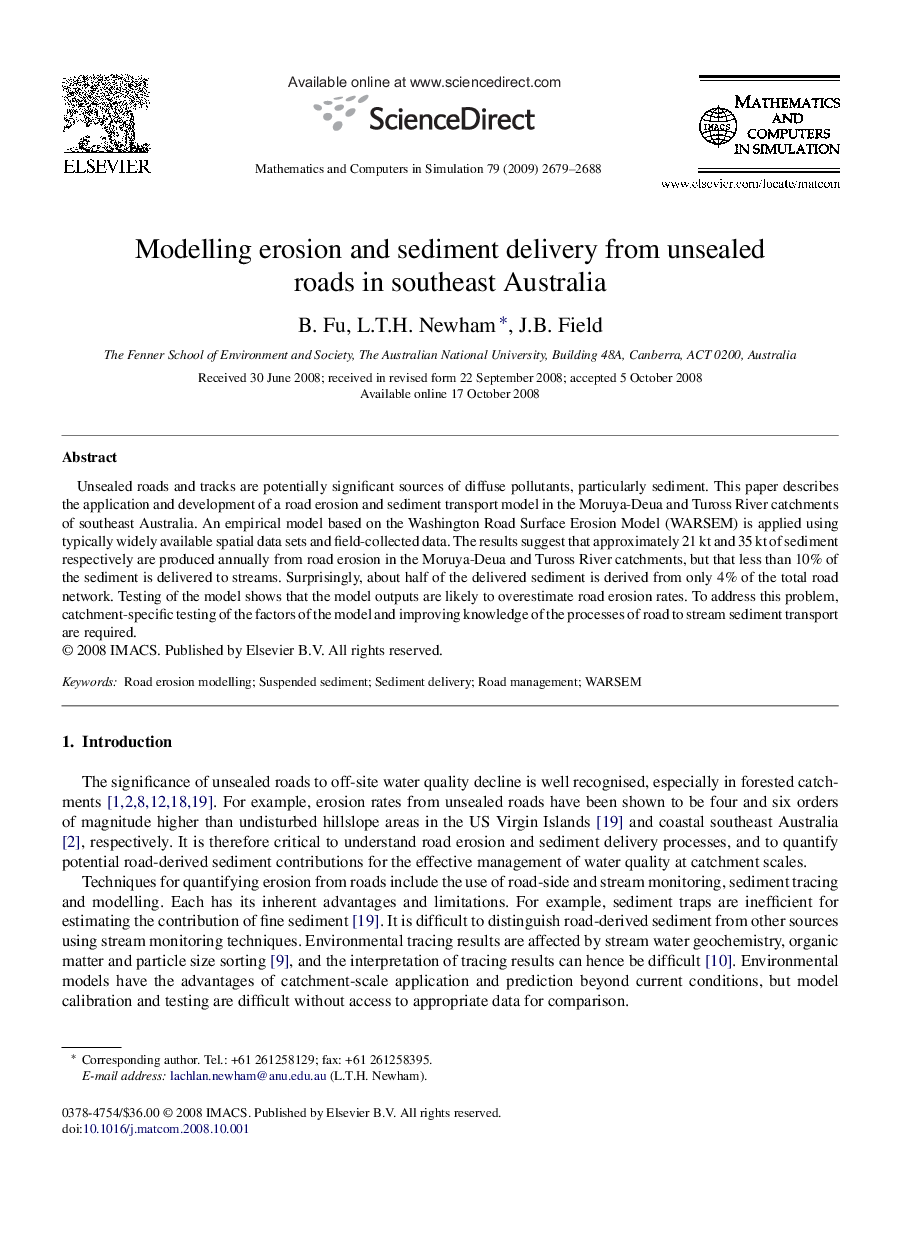 Modelling erosion and sediment delivery from unsealed roads in southeast Australia