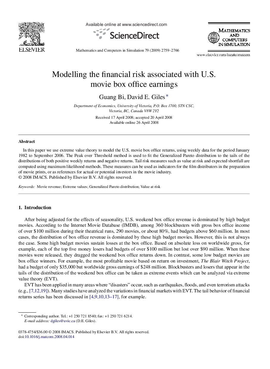 Modelling the financial risk associated with U.S. movie box office earnings