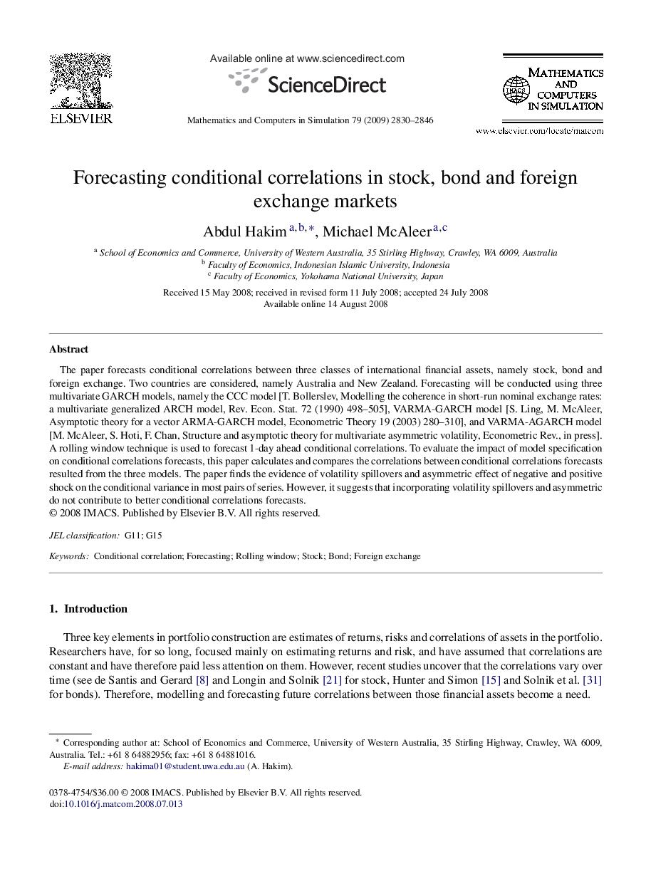 Forecasting conditional correlations in stock, bond and foreign exchange markets