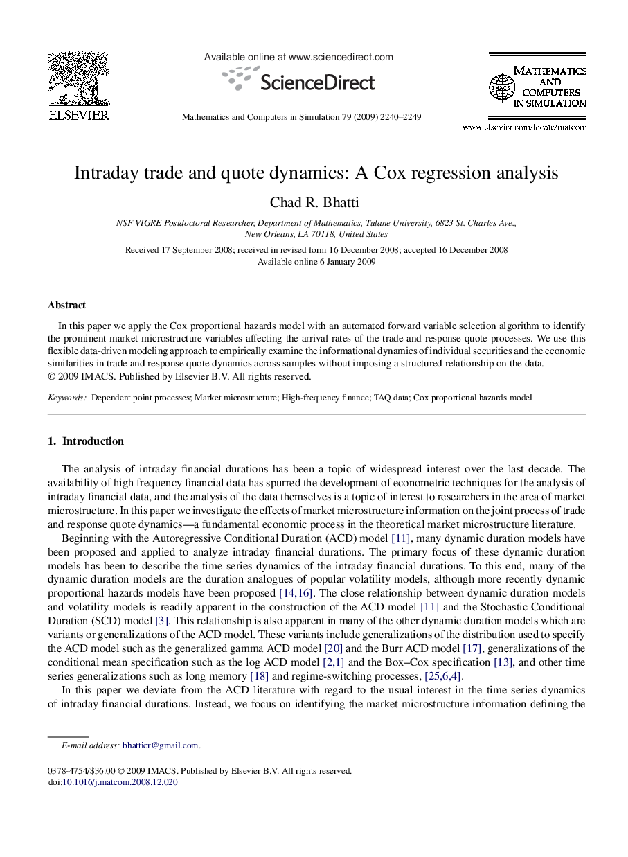 Intraday trade and quote dynamics: A Cox regression analysis