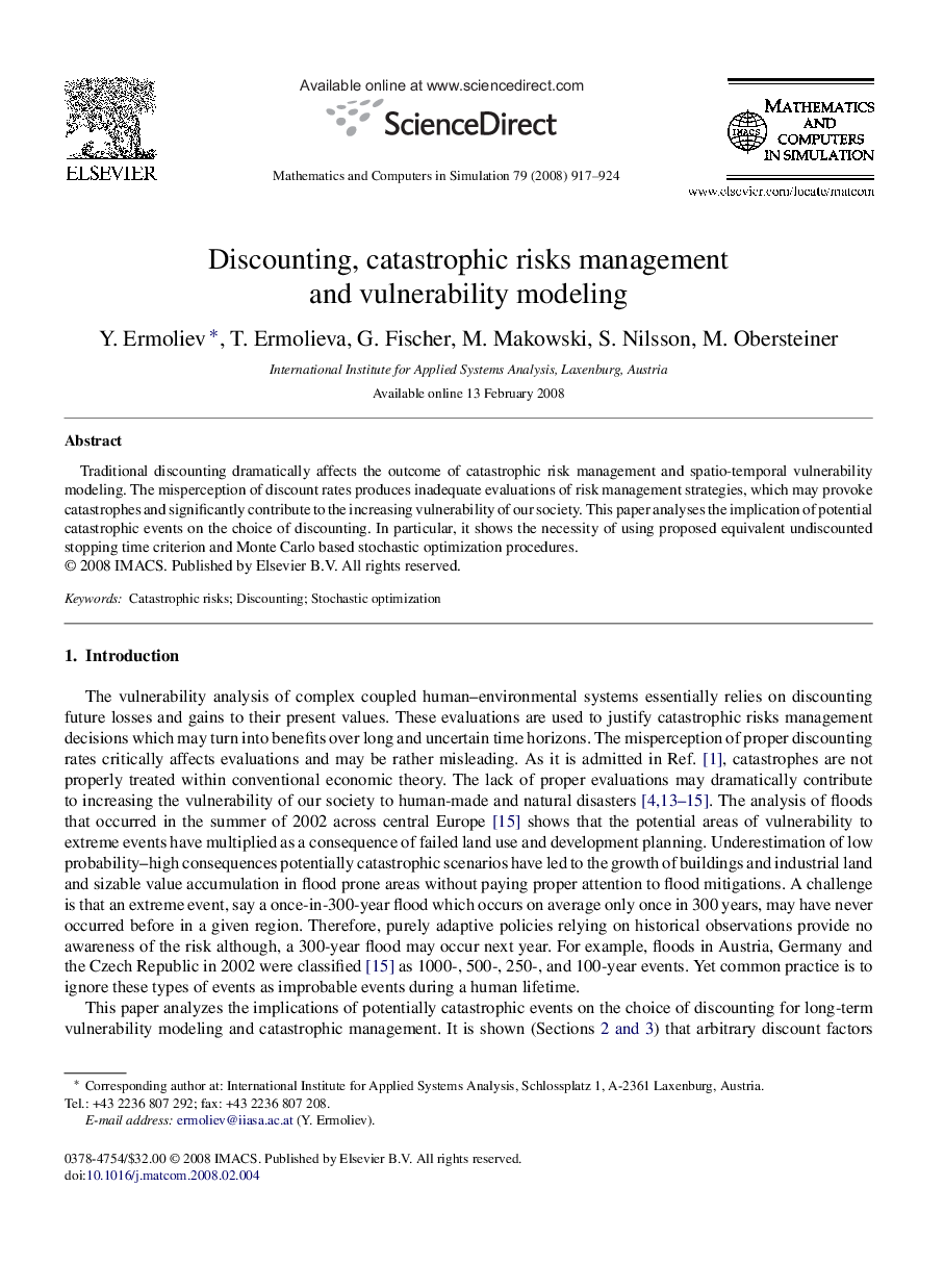 Discounting, catastrophic risks management and vulnerability modeling