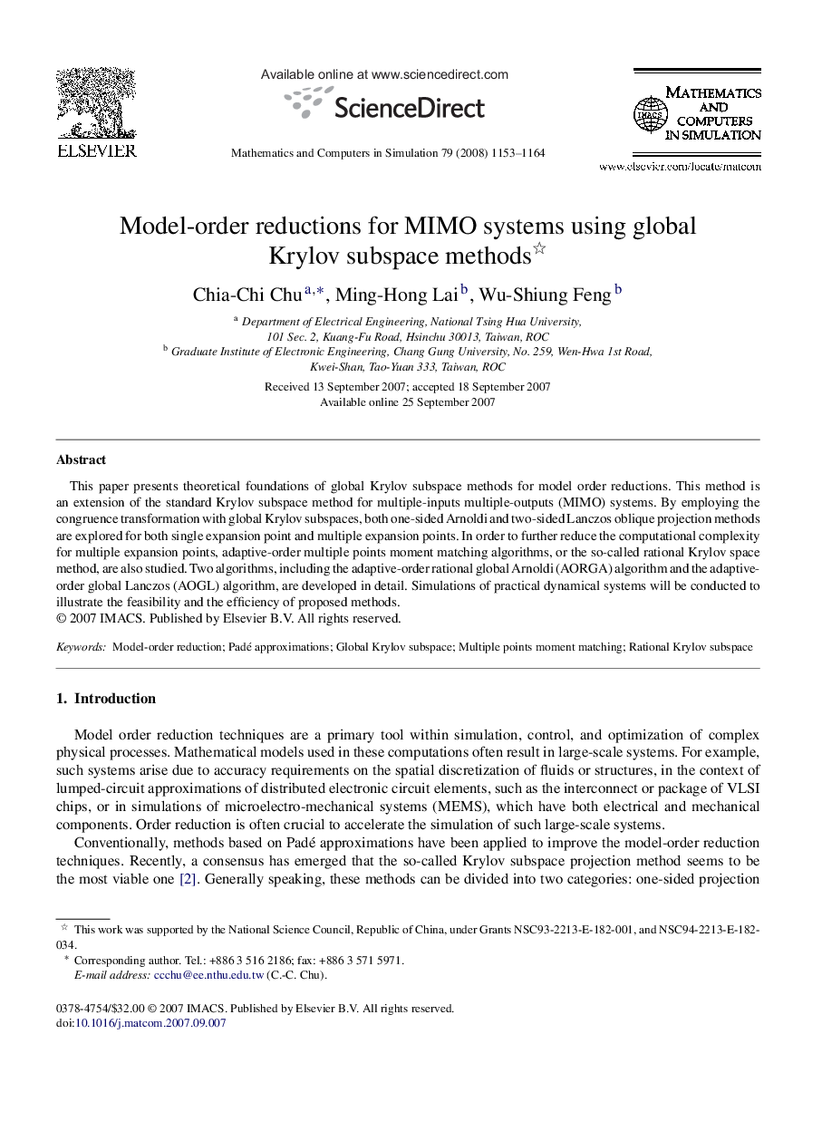 Model-order reductions for MIMO systems using global Krylov subspace methods 