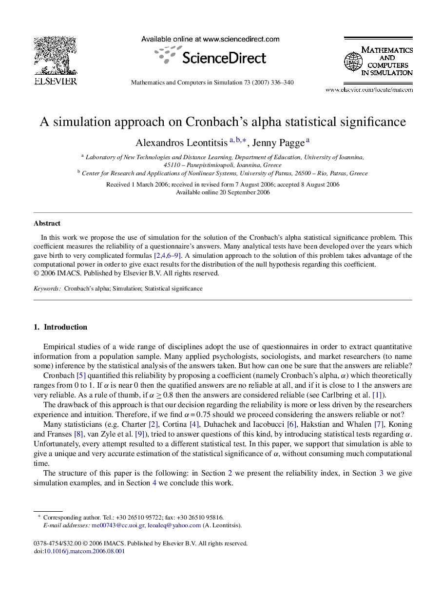 A simulation approach on Cronbach's alpha statistical significance