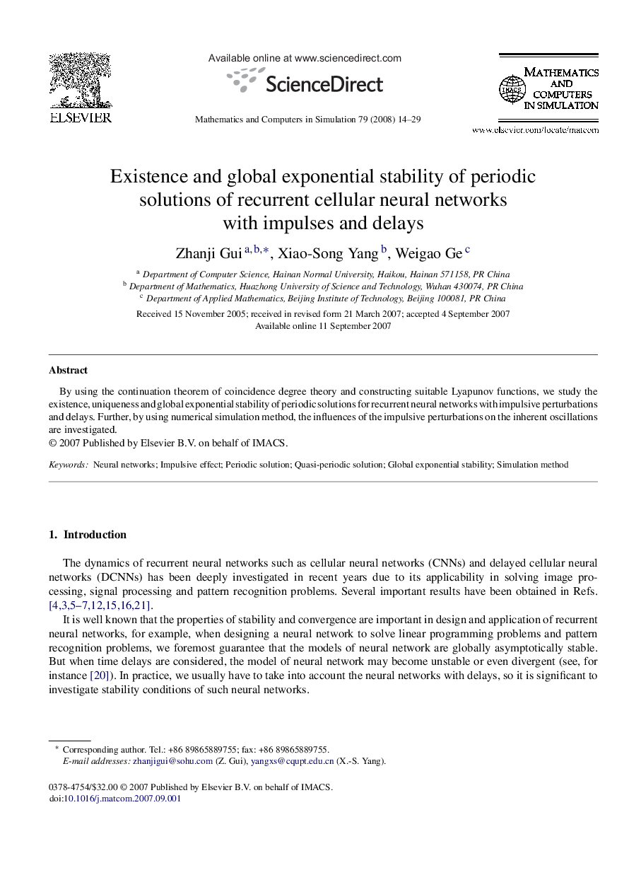 Existence and global exponential stability of periodic solutions of recurrent cellular neural networks with impulses and delays