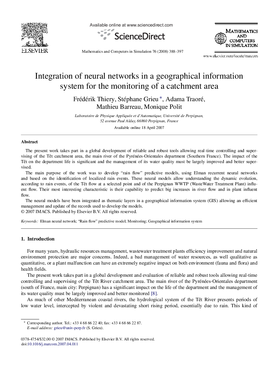 Integration of neural networks in a geographical information system for the monitoring of a catchment area