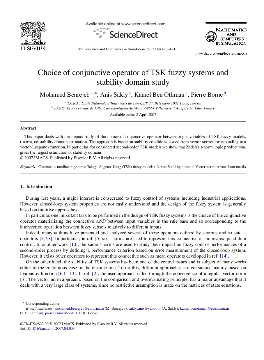 Choice of conjunctive operator of TSK fuzzy systems and stability domain study