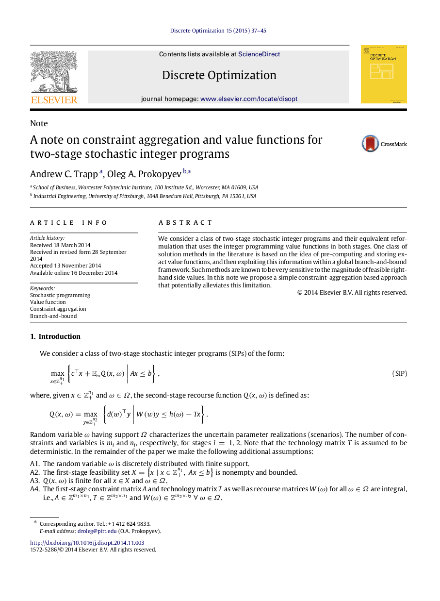 یک یادداشت در تجمع محدودیت ها و توابع ارزش برای برنامه های صحیح دو مرحله ای است 