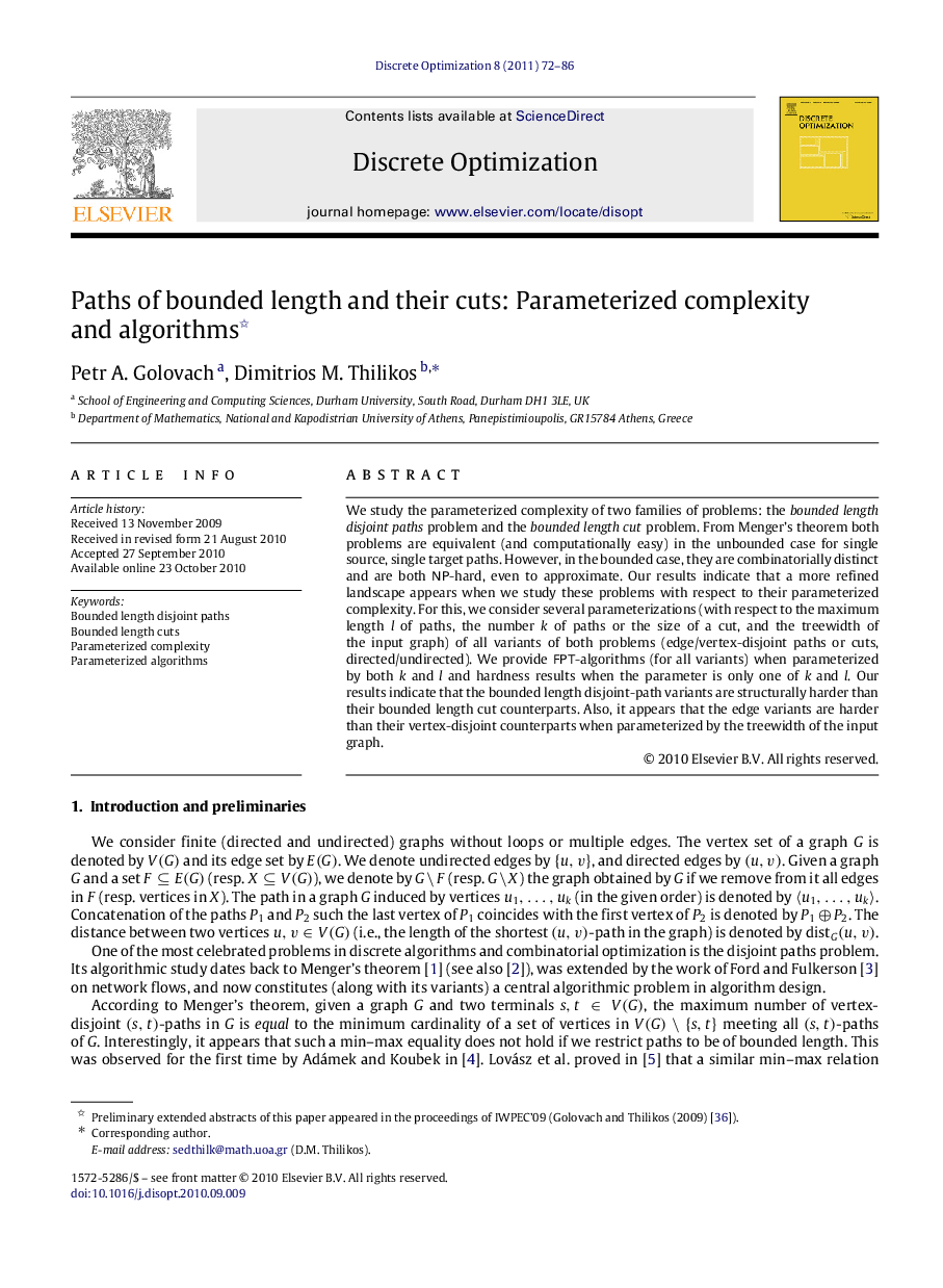 Paths of bounded length and their cuts: Parameterized complexity and algorithms 