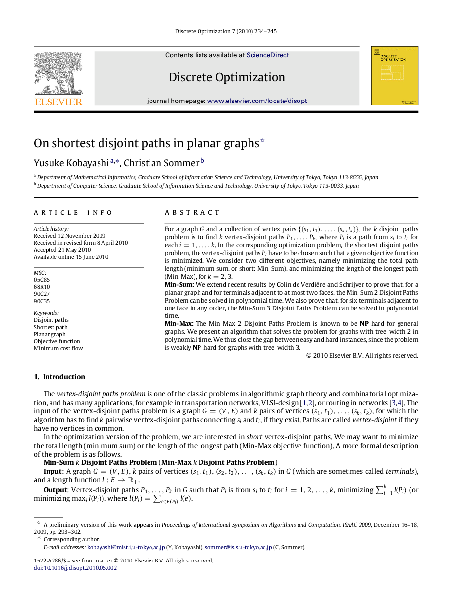 On shortest disjoint paths in planar graphs 