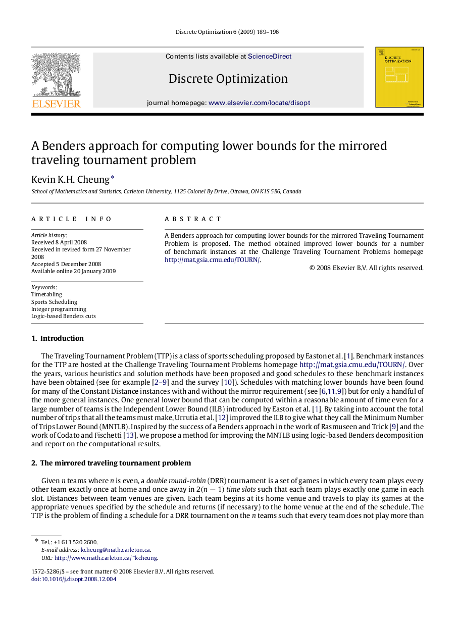 A Benders approach for computing lower bounds for the mirrored traveling tournament problem