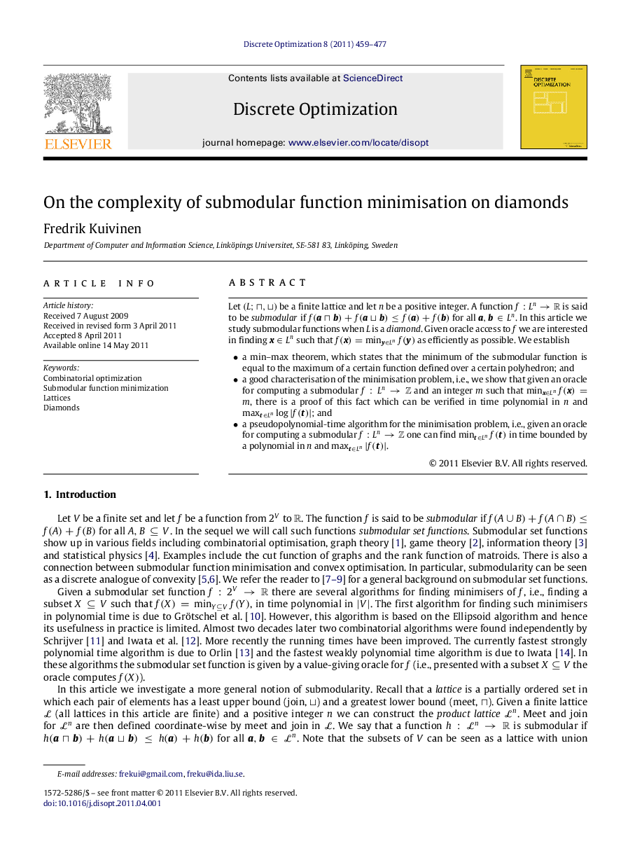 On the complexity of submodular function minimisation on diamonds