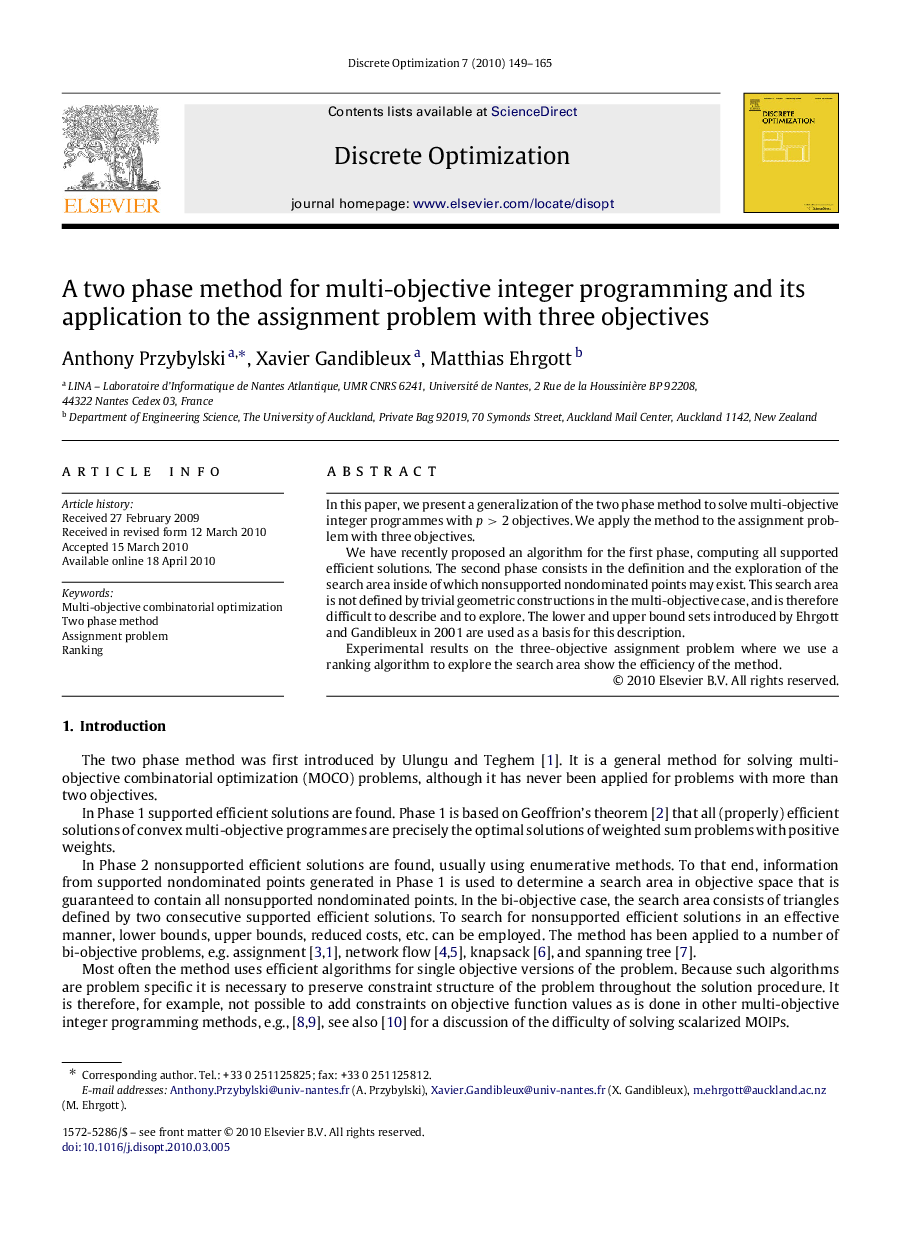 A two phase method for multi-objective integer programming and its application to the assignment problem with three objectives