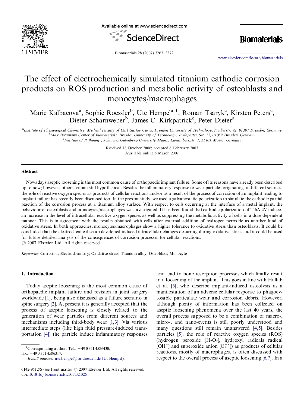 The effect of electrochemically simulated titanium cathodic corrosion products on ROS production and metabolic activity of osteoblasts and monocytes/macrophages