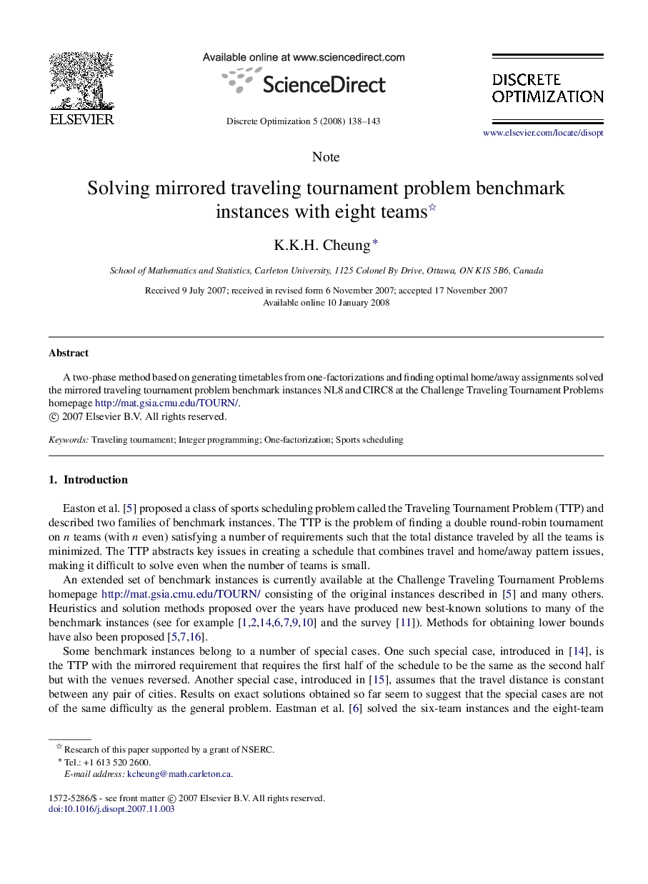 Solving mirrored traveling tournament problem benchmark instances with eight teams 