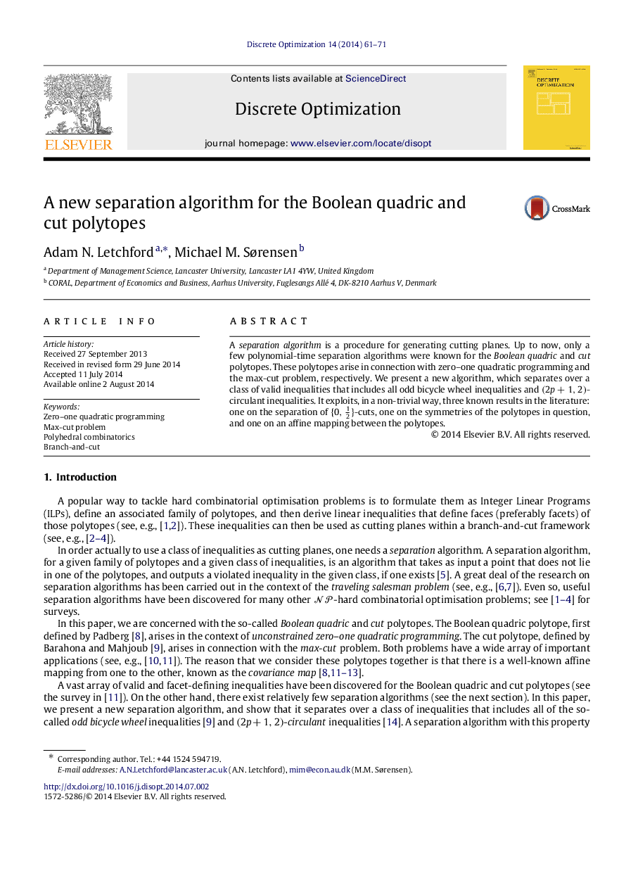 A new separation algorithm for the Boolean quadric and cut polytopes