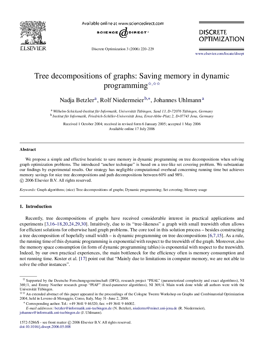 Tree decompositions of graphs: Saving memory in dynamic programming 