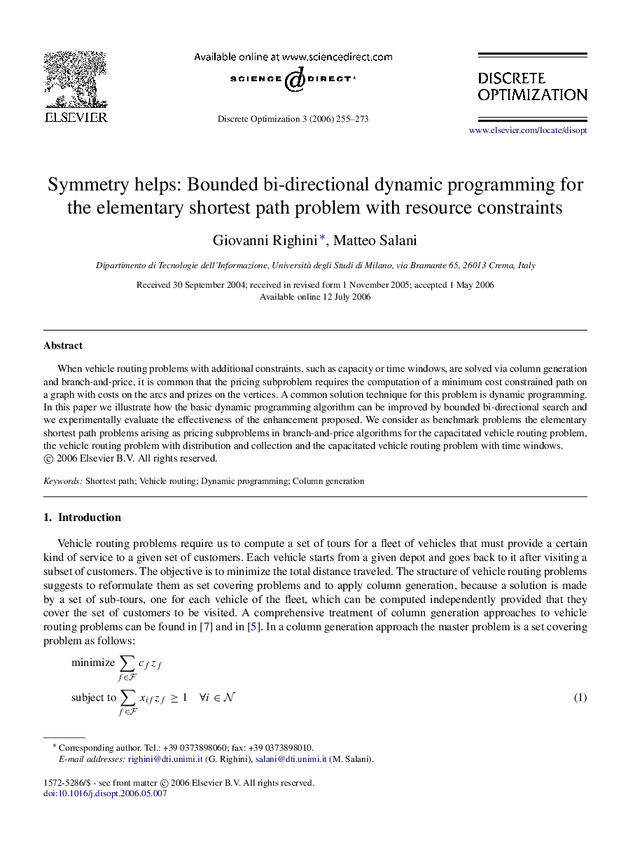 Symmetry helps: Bounded bi-directional dynamic programming for the elementary shortest path problem with resource constraints