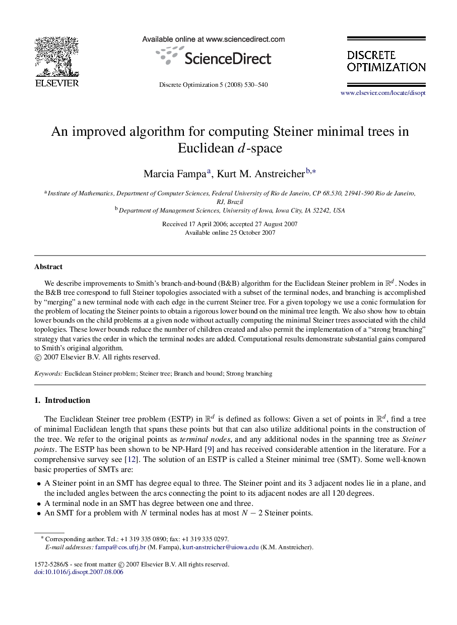 An improved algorithm for computing Steiner minimal trees in Euclidean dd-space