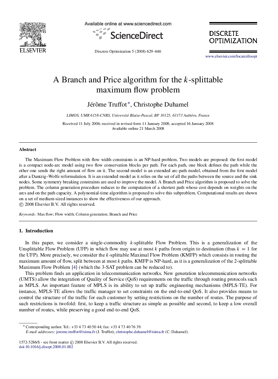 A Branch and Price algorithm for the kk-splittable maximum flow problem