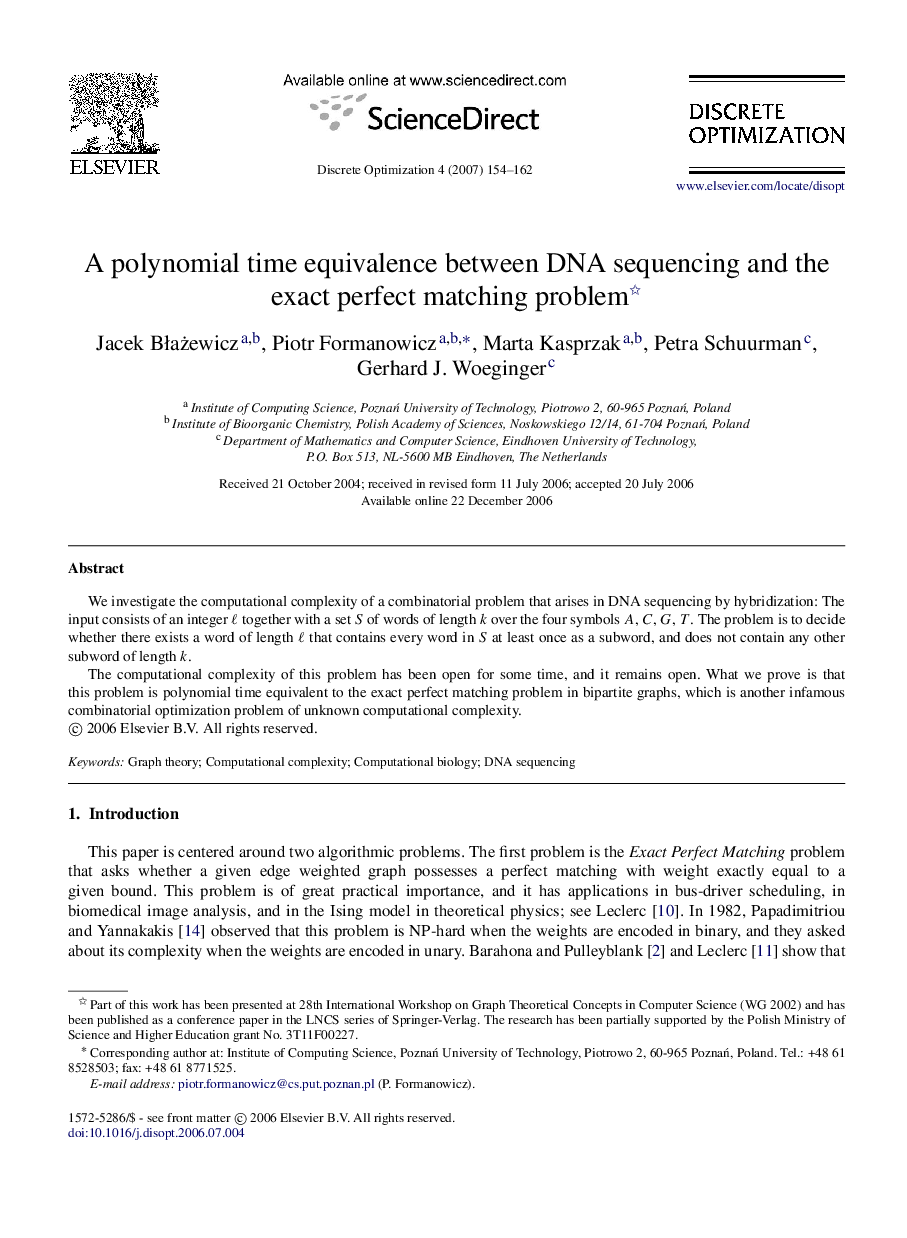 A polynomial time equivalence between DNA sequencing and the exact perfect matching problem 