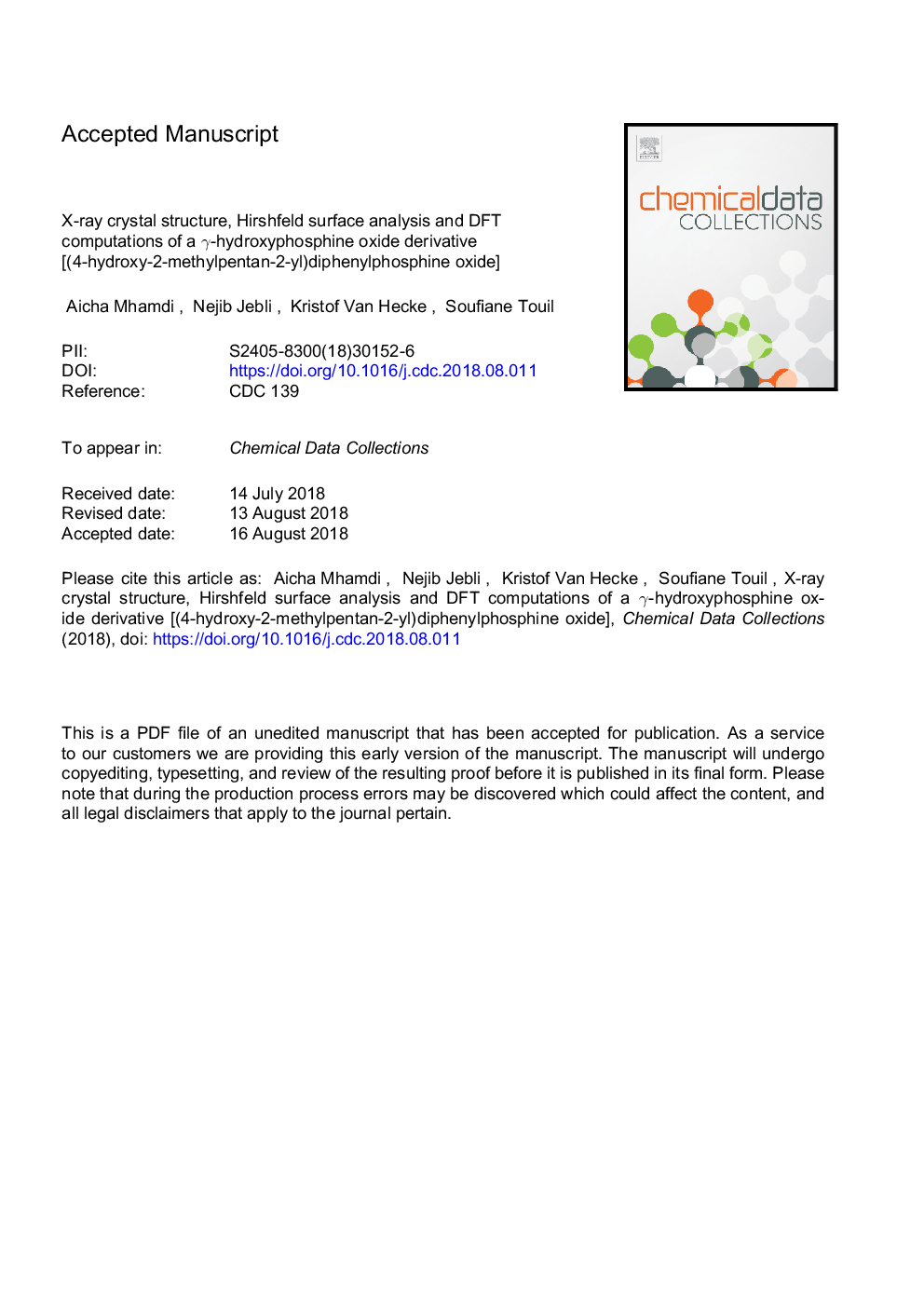 X-ray crystal structure, Hirshfeld surface analysis and DFT computations of a Î³-hydroxyphosphine oxide derivative [(4âhydroxyâ2-methylpentan-2-yl)diphenylphosphine oxide]