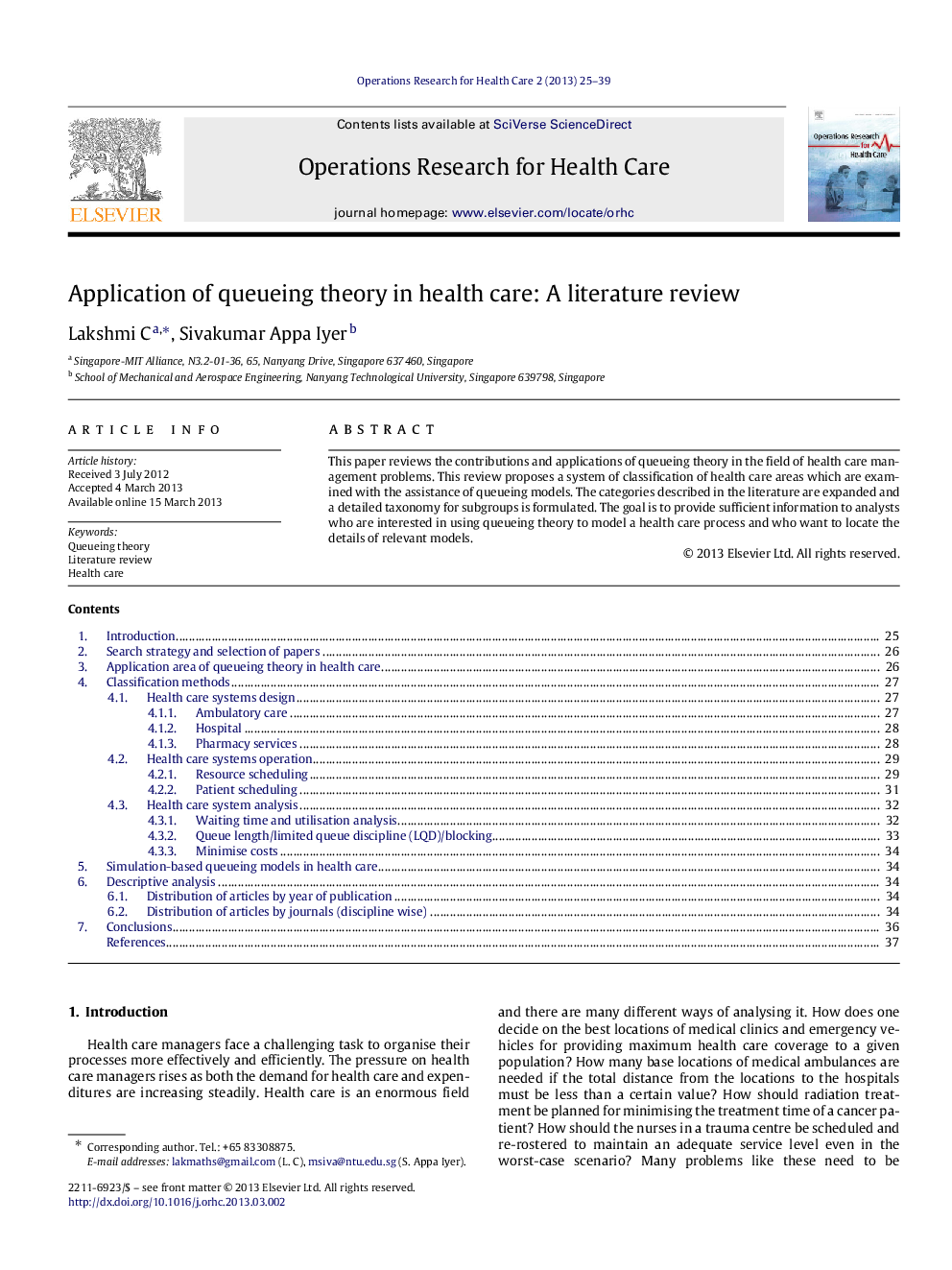 Application of queueing theory in health care: A literature review