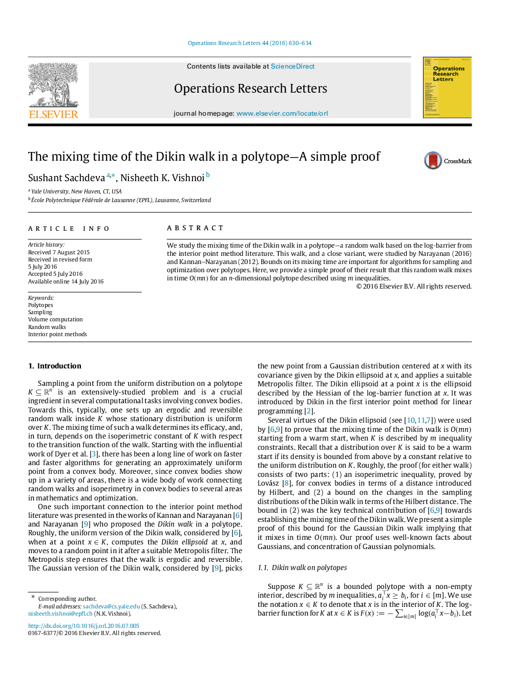 The mixing time of the Dikin walk in a polytope—A simple proof