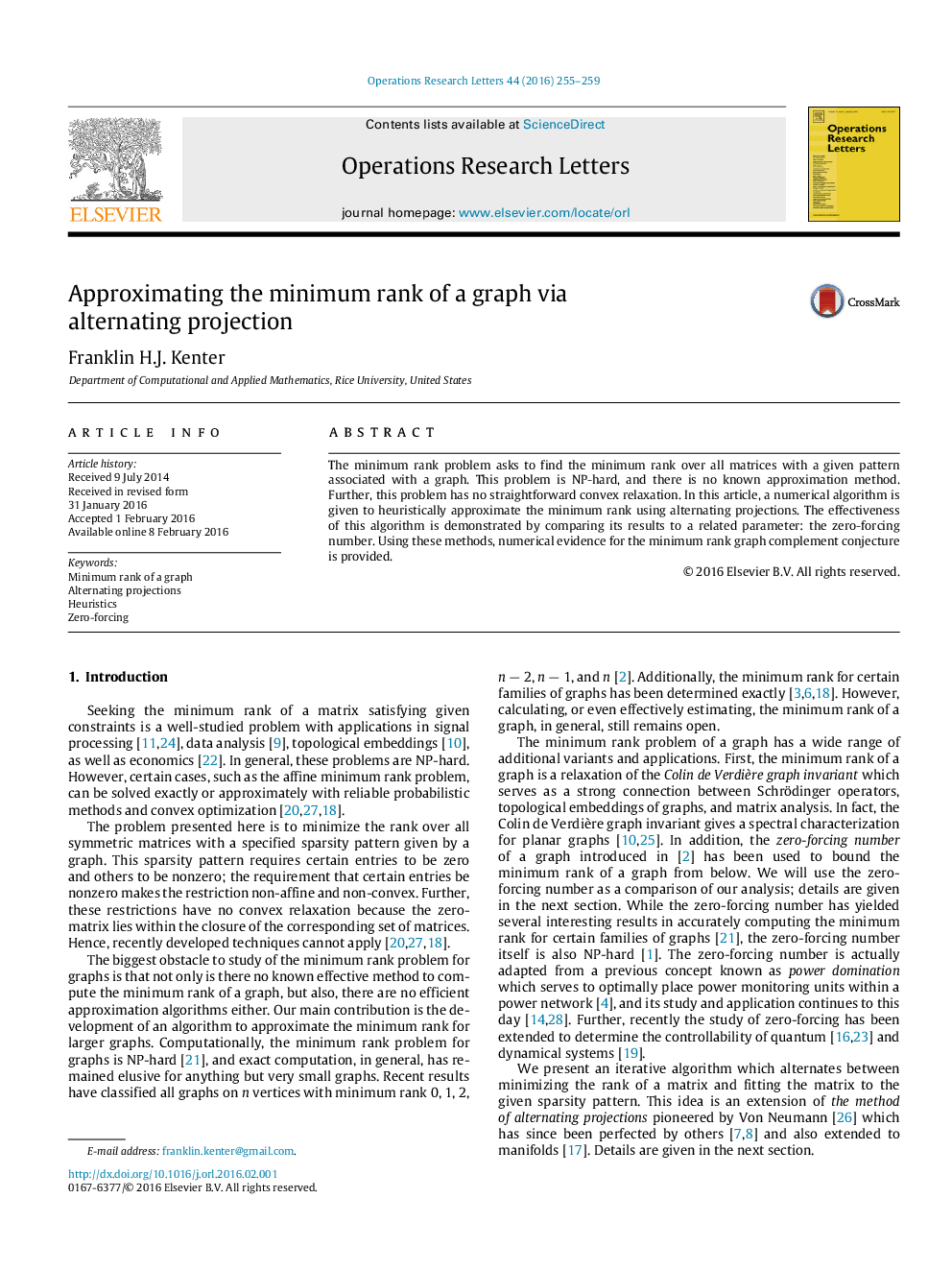 Approximating the minimum rank of a graph via alternating projection