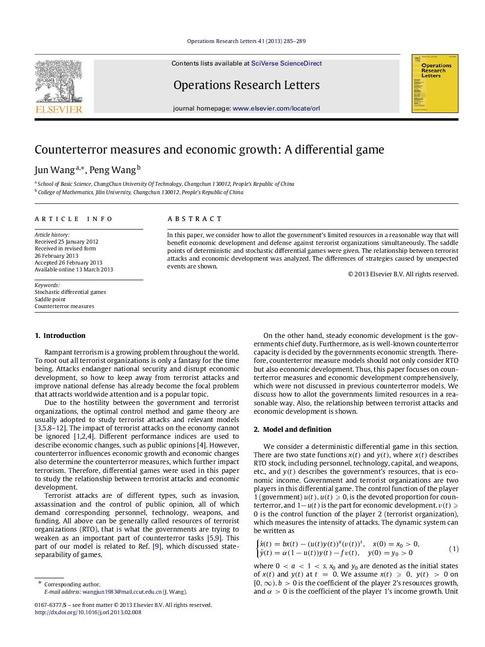 Counterterror measures and economic growth: A differential game