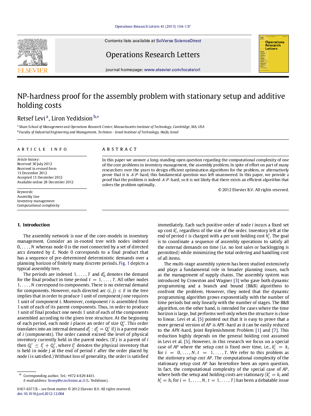 NP-hardness proof for the assembly problem with stationary setup and additive holding costs