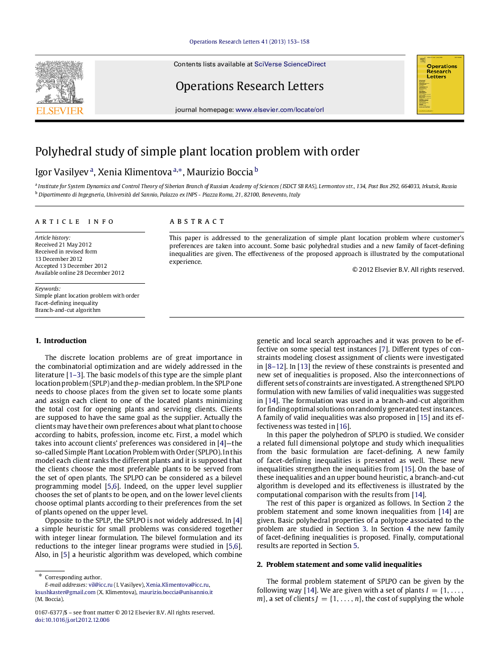 Polyhedral study of simple plant location problem with order