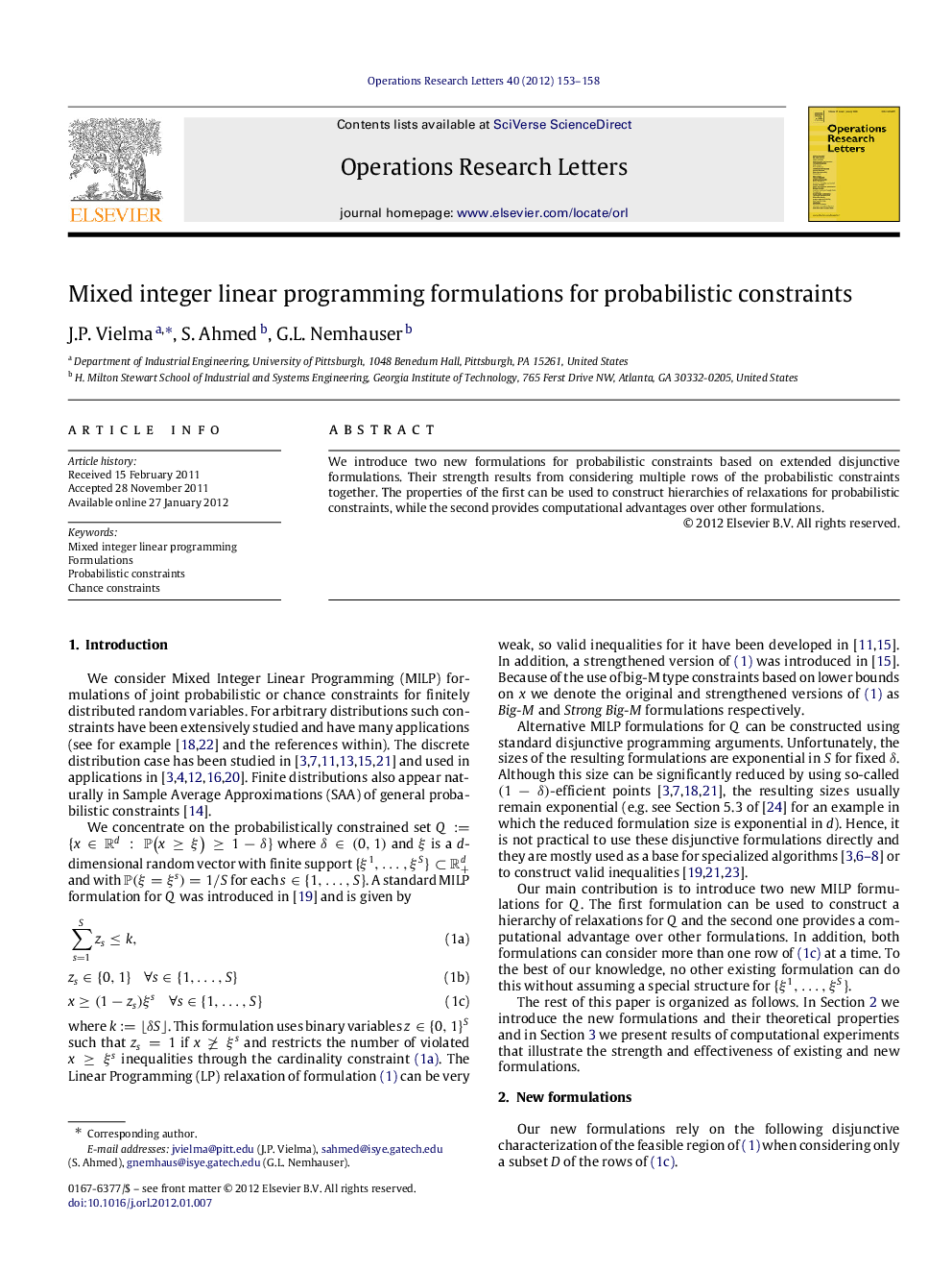 Mixed integer linear programming formulations for probabilistic constraints