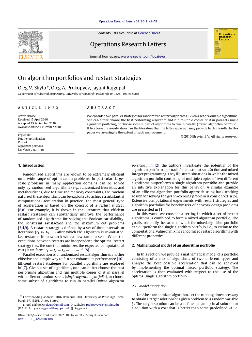 On algorithm portfolios and restart strategies