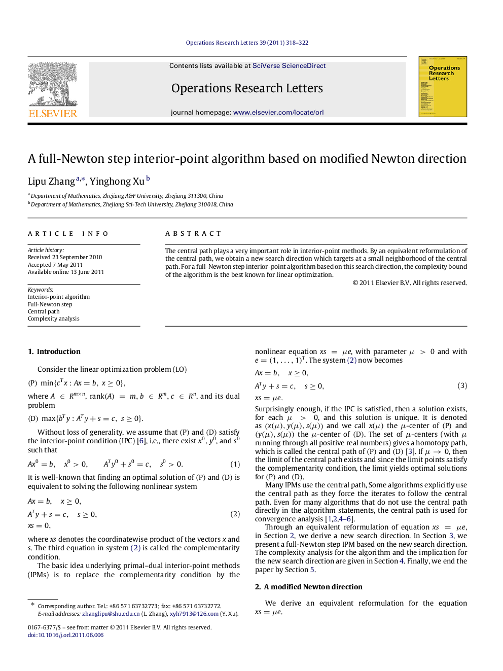 A full-Newton step interior-point algorithm based on modified Newton direction