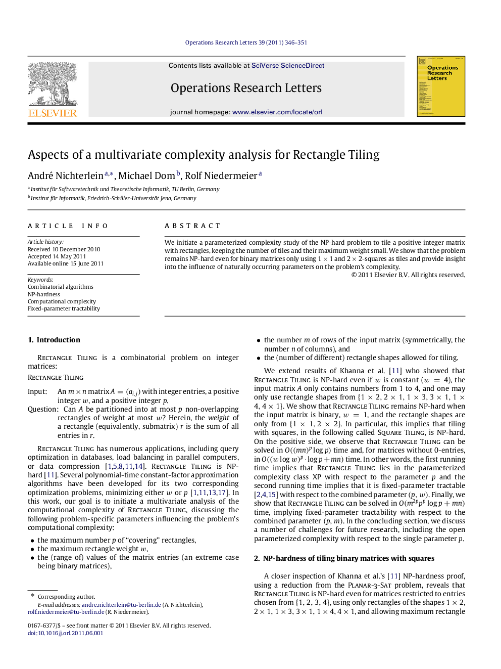 Aspects of a multivariate complexity analysis for Rectangle Tiling