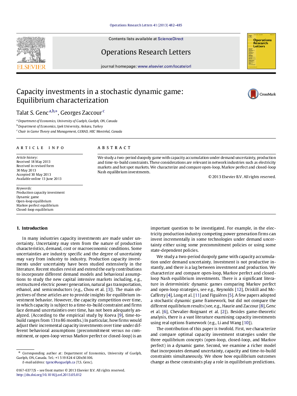 Capacity investments in a stochastic dynamic game: Equilibrium characterization