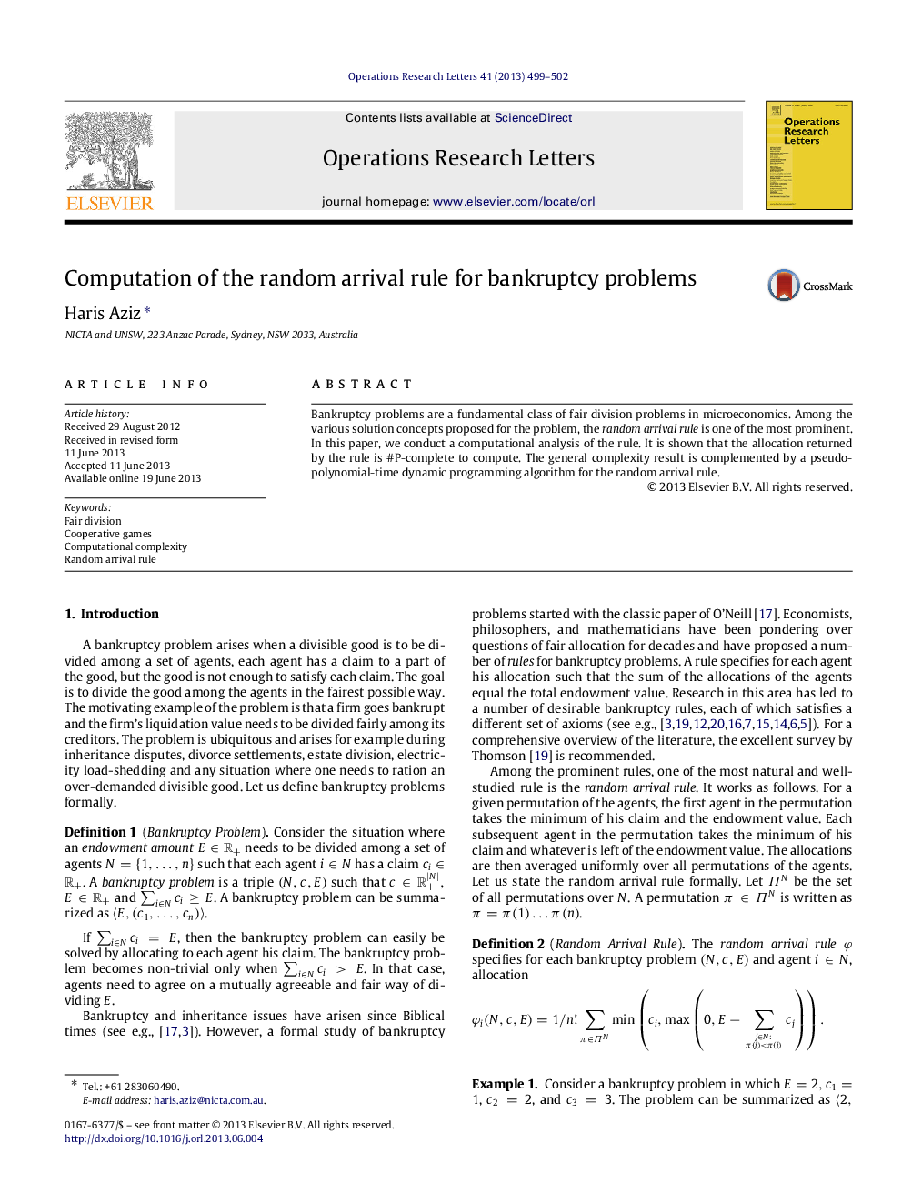 Computation of the random arrival rule for bankruptcy problems