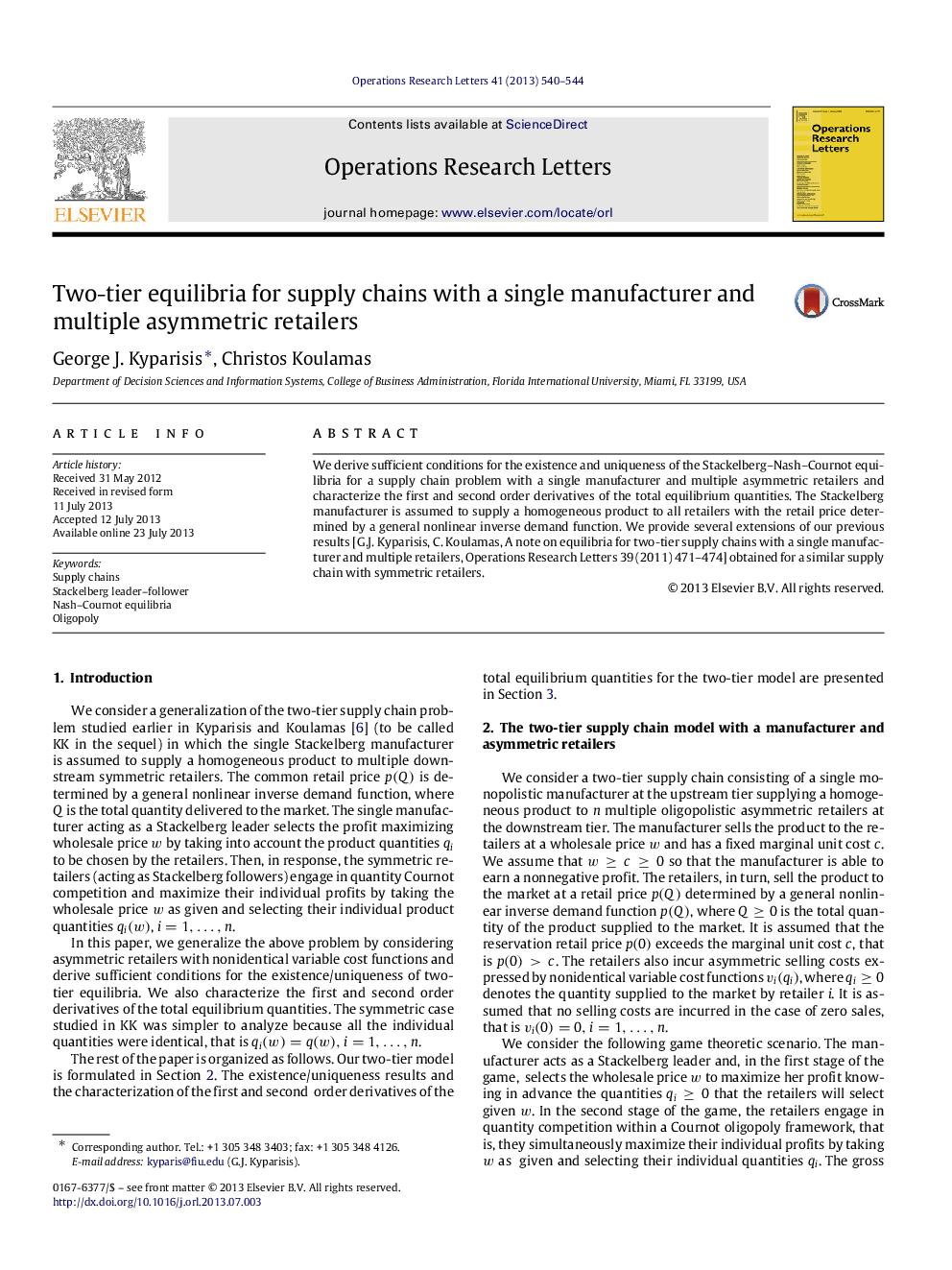 Two-tier equilibria for supply chains with a single manufacturer and multiple asymmetric retailers