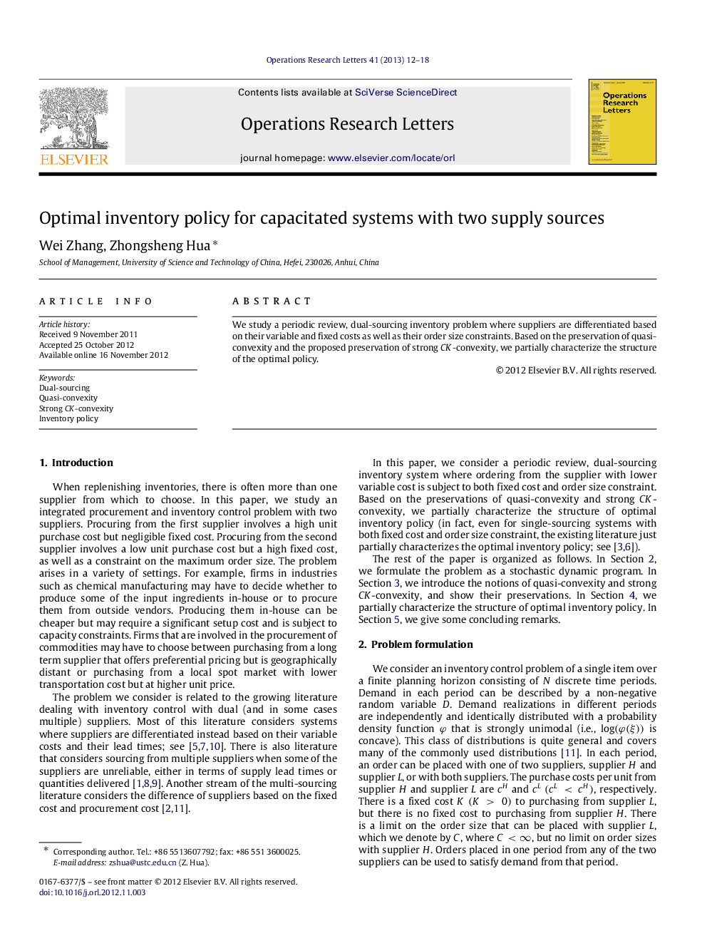 Optimal inventory policy for capacitated systems with two supply sources