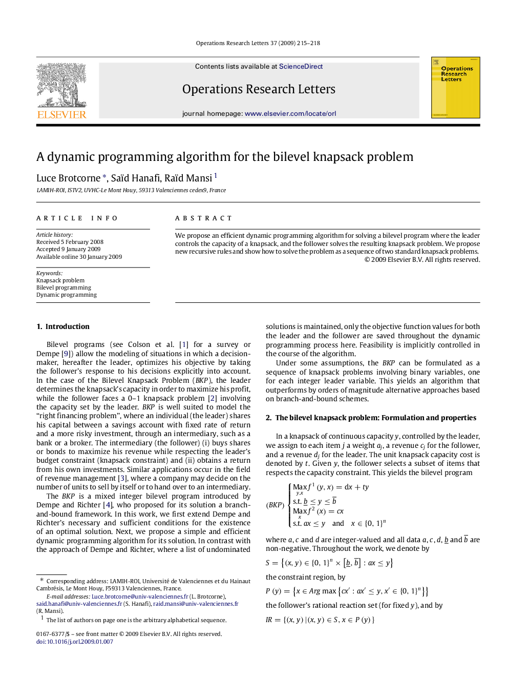 A dynamic programming algorithm for the bilevel knapsack problem