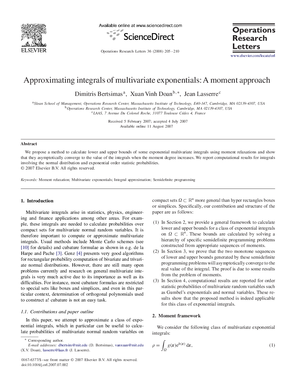 عکس صفحه اول مقاله: Approximating integrals of multivariate exponentials: A moment approach Approximating integrals of multivariate exponentials: A moment approach