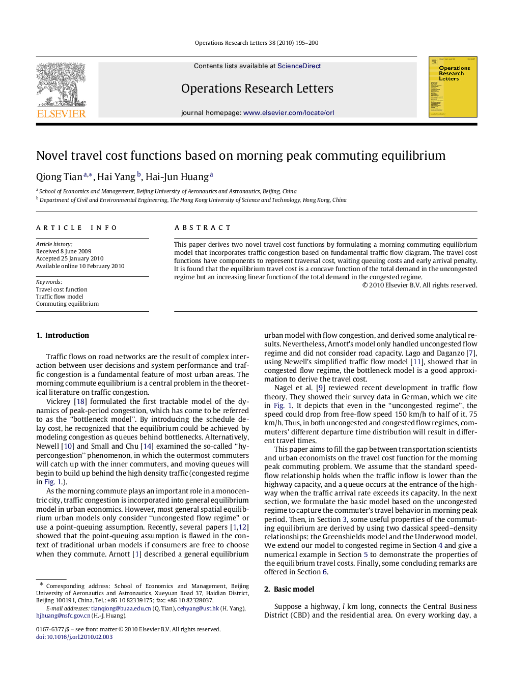 Novel travel cost functions based on morning peak commuting equilibrium