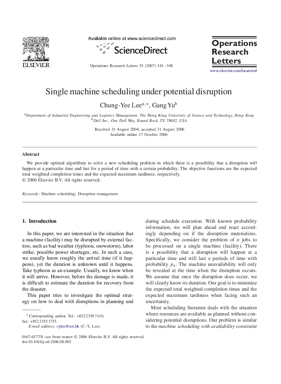 Single machine scheduling under potential disruption