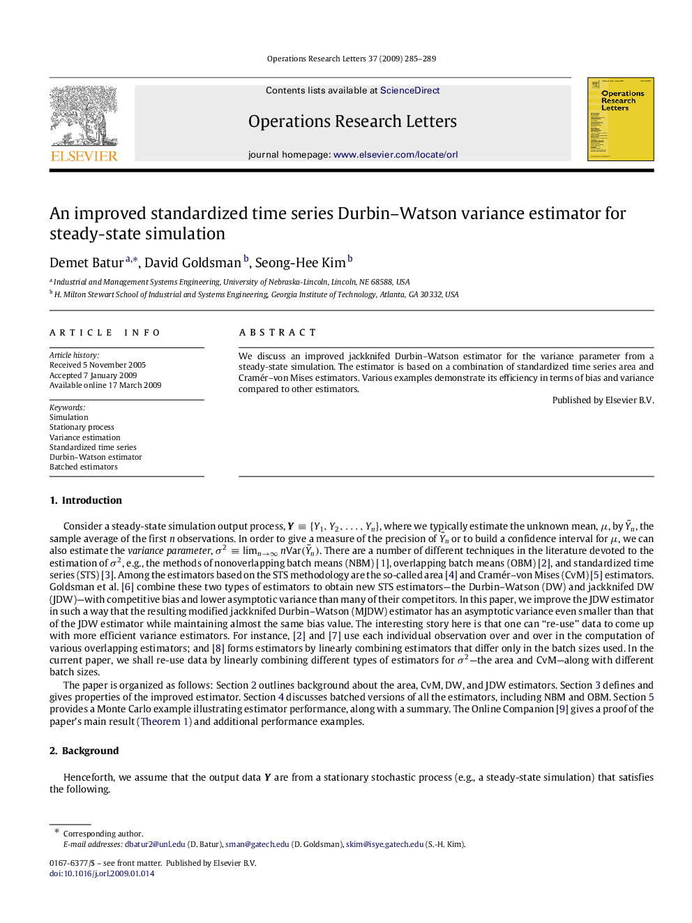 An improved standardized time series Durbin–Watson variance estimator for steady-state simulation