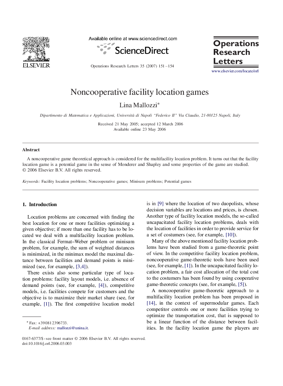 Noncooperative facility location games