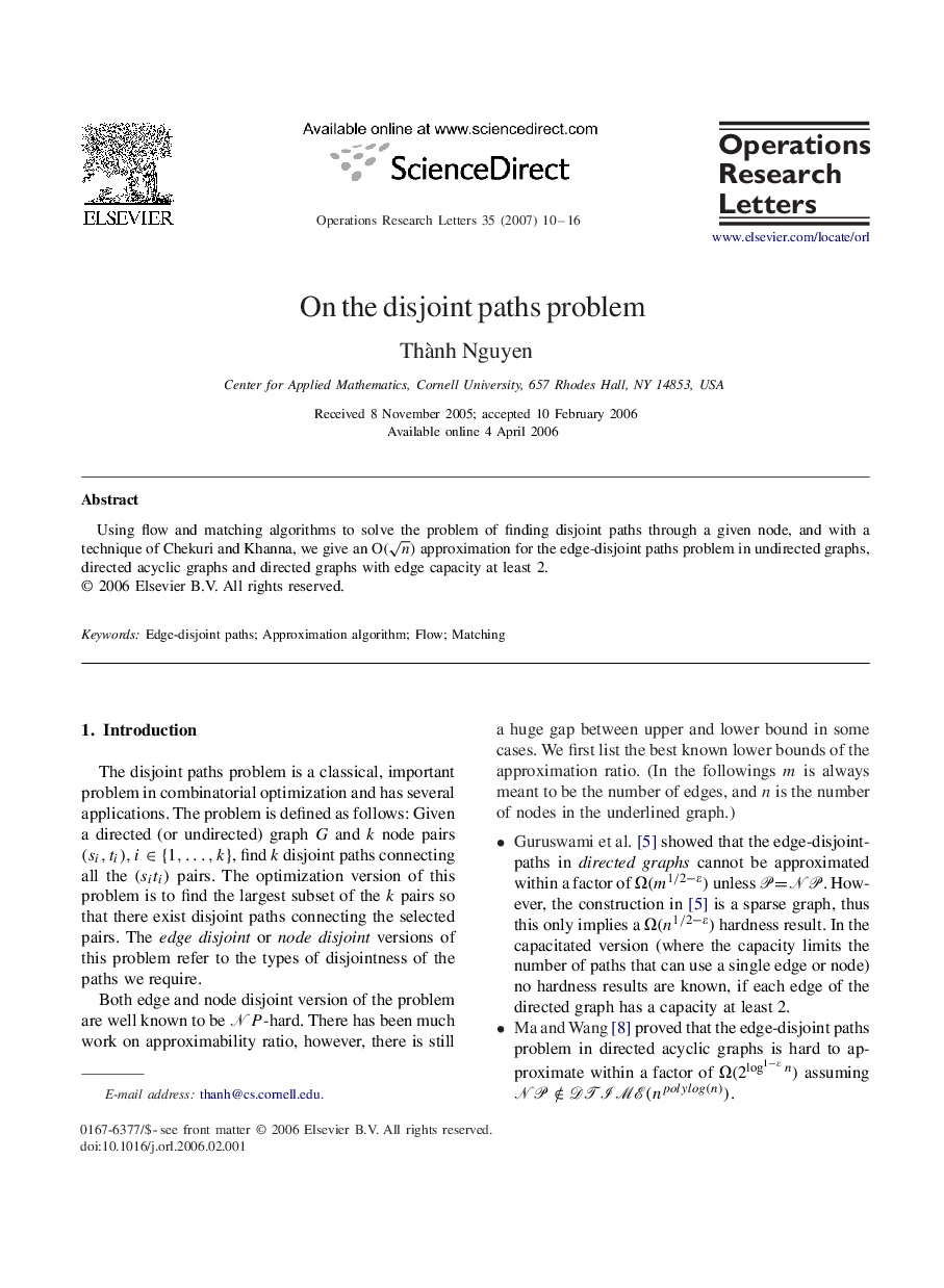 On the disjoint paths problem