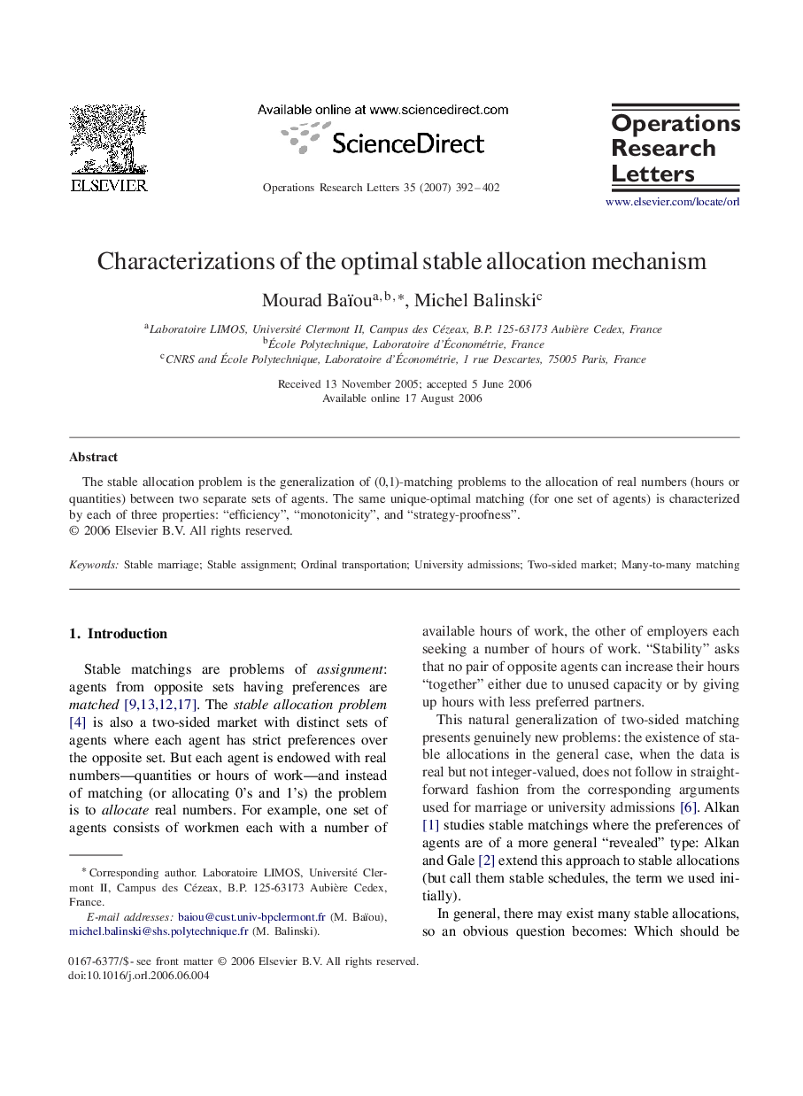 Characterizations of the optimal stable allocation mechanism