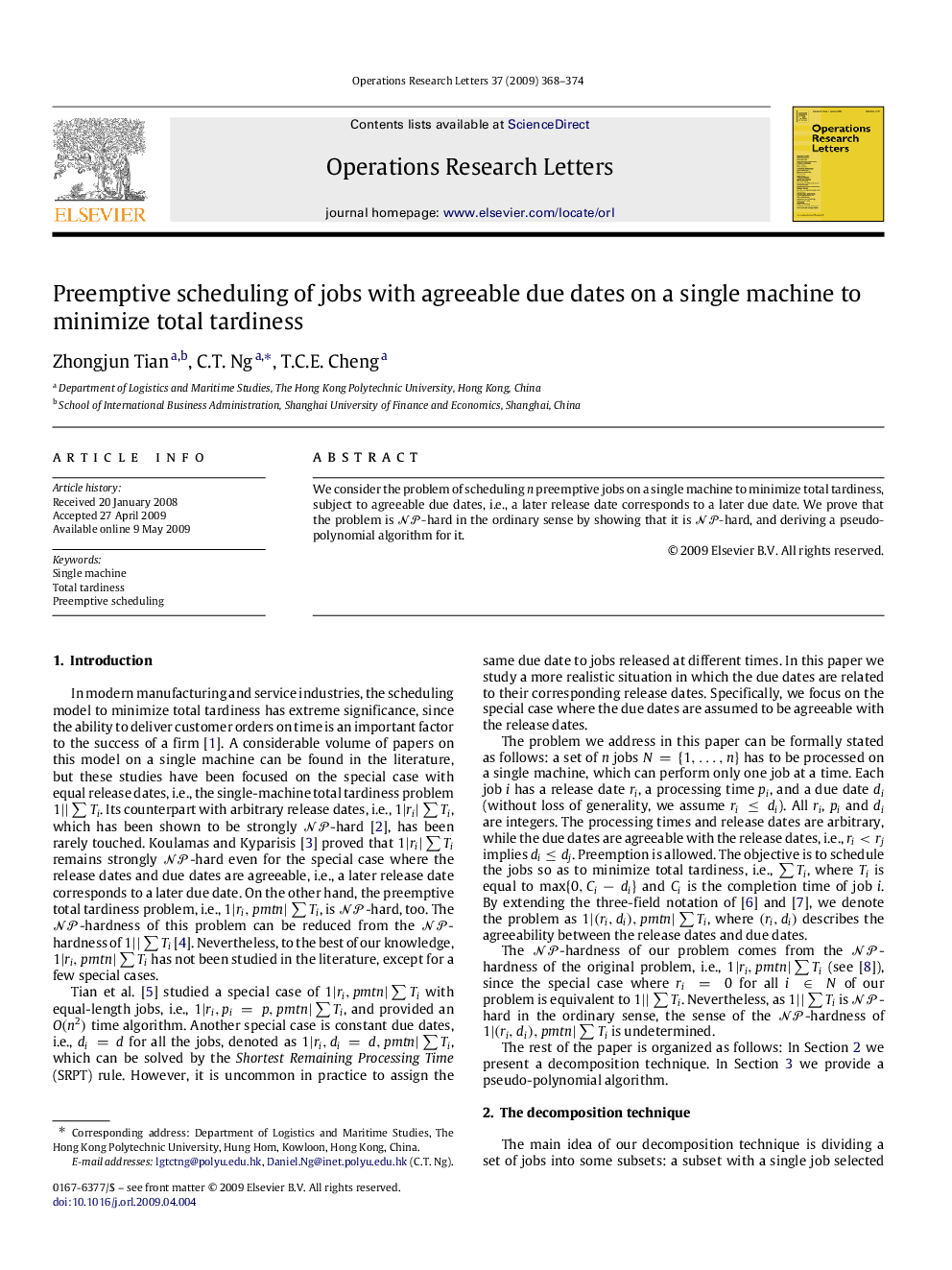 عکس صفحه اول مقاله: Preemptive scheduling of jobs with agreeable due dates on a single machine to minimize total tardiness Preemptive scheduling of jobs with agreeable due dates on a single machine to minimize total tardiness