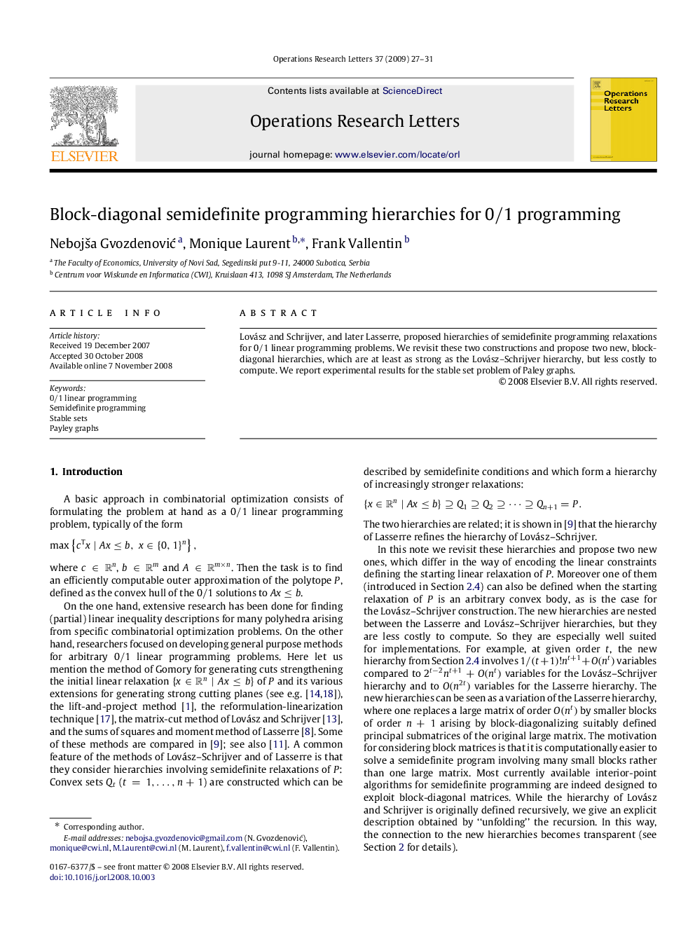 عکس صفحه اول مقاله: Block-diagonal semidefinite programming hierarchies for 0/1 programming Block-diagonal semidefinite programming hierarchies for 0/1 programming